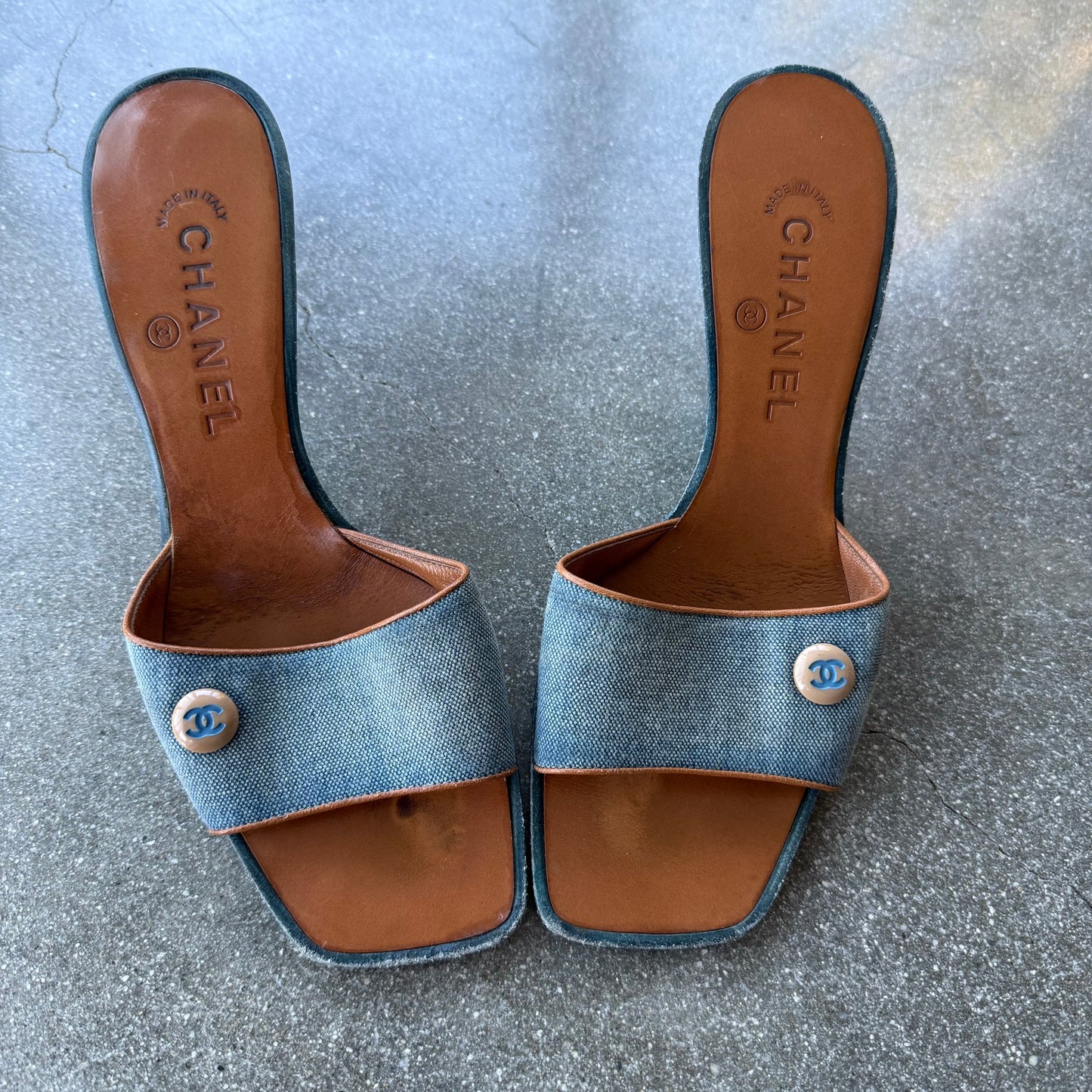Early 00s Chanel Blue Canvas & Leather Mules - US 8