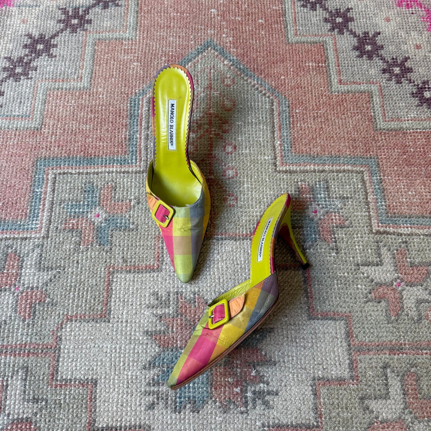S/S2000 Manolo Blahnik Tartan Green Mules - US 9-9.5