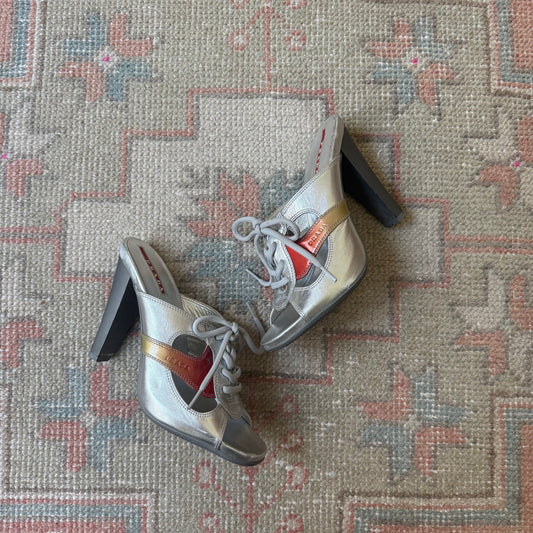 S/S2000 Prada Sport Silver Lace Up Mules - US 6-6.5