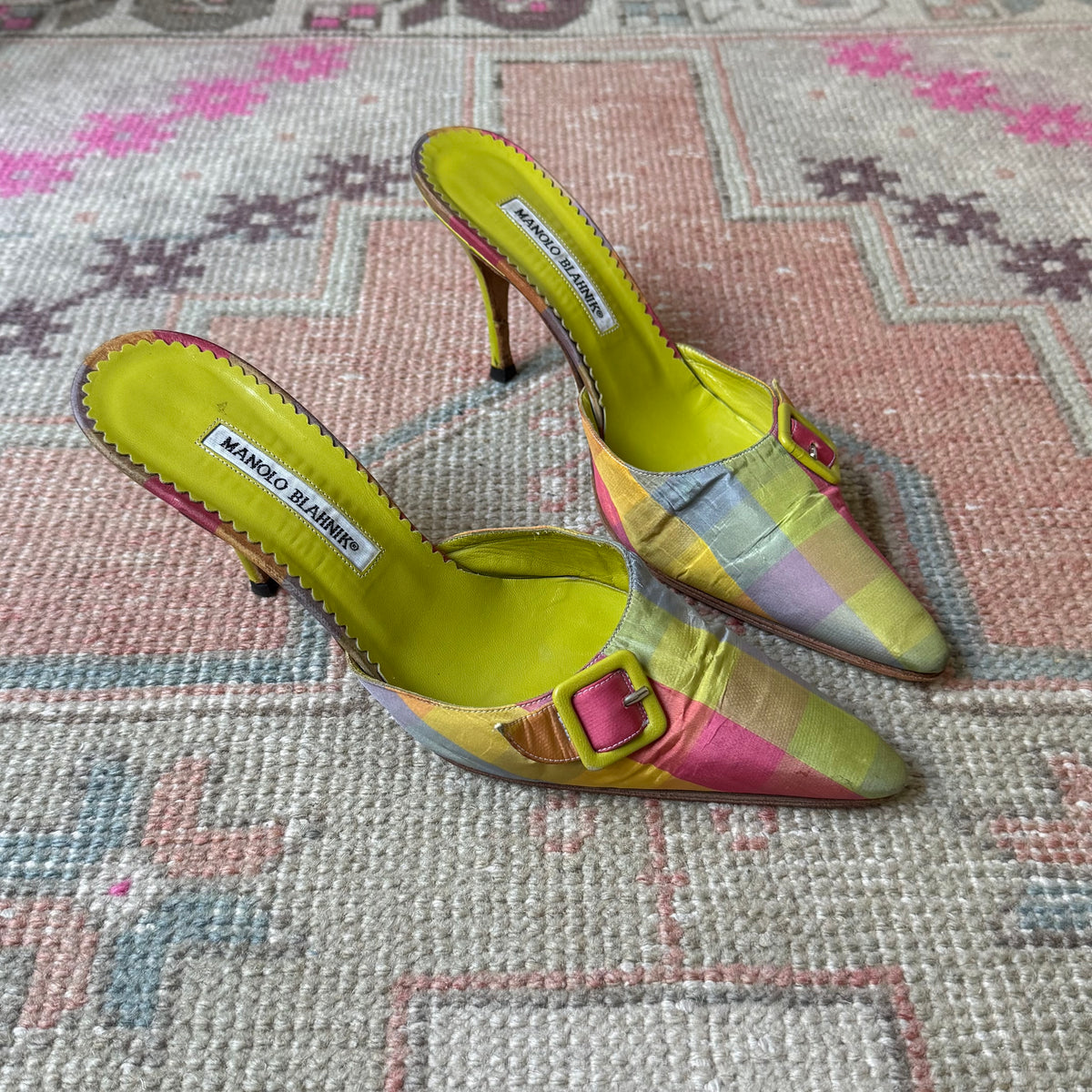 S/S2000 Manolo Blahnik Tartan Green Mules - US 9-9.5