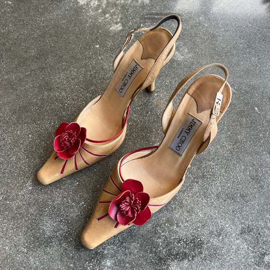 Jimmy Choo Leather Tan & Red Leather Rose Mules - US 6.5