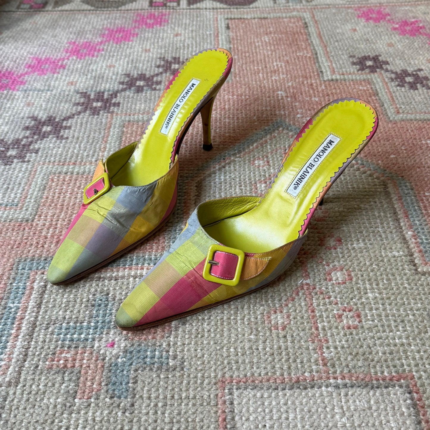 S/S2000 Manolo Blahnik Tartan Green Mules - US 9-9.5