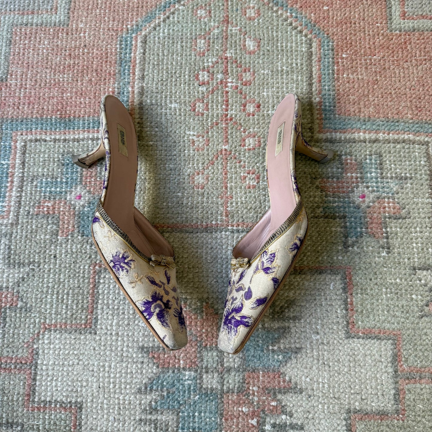 00s Prada Purple and Champagne Jacquard Lizard Mules - US 7.5