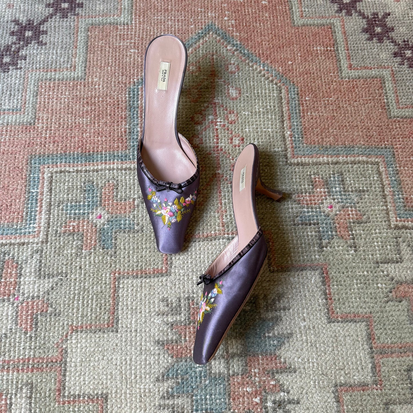 Y2K Prada Purple Silk Satin Floral Mules - US 8.5-9