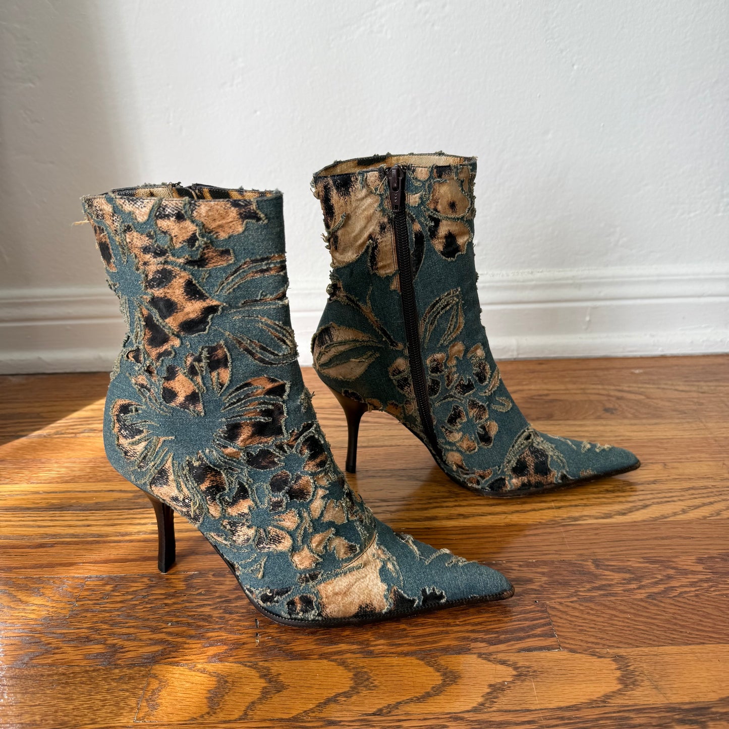 S/S2002 Roberto Cavalli Denim + Leopard Laser Cut Boots - US 7