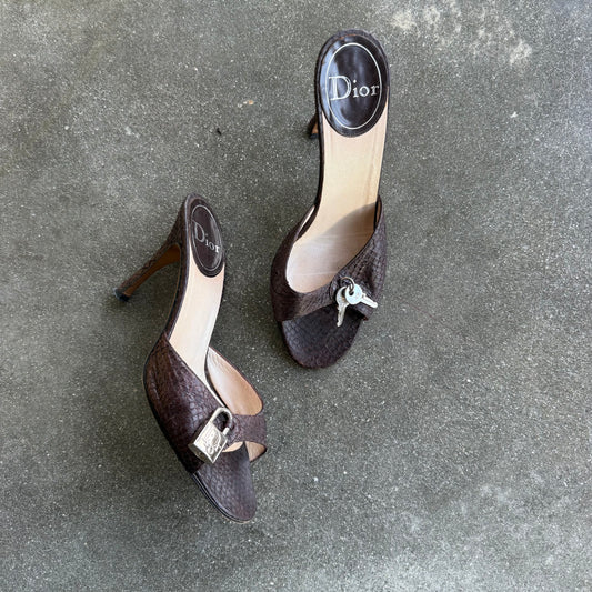 SS01 Galliano Dior Brown Python Lock + Key Sandals - US 7
