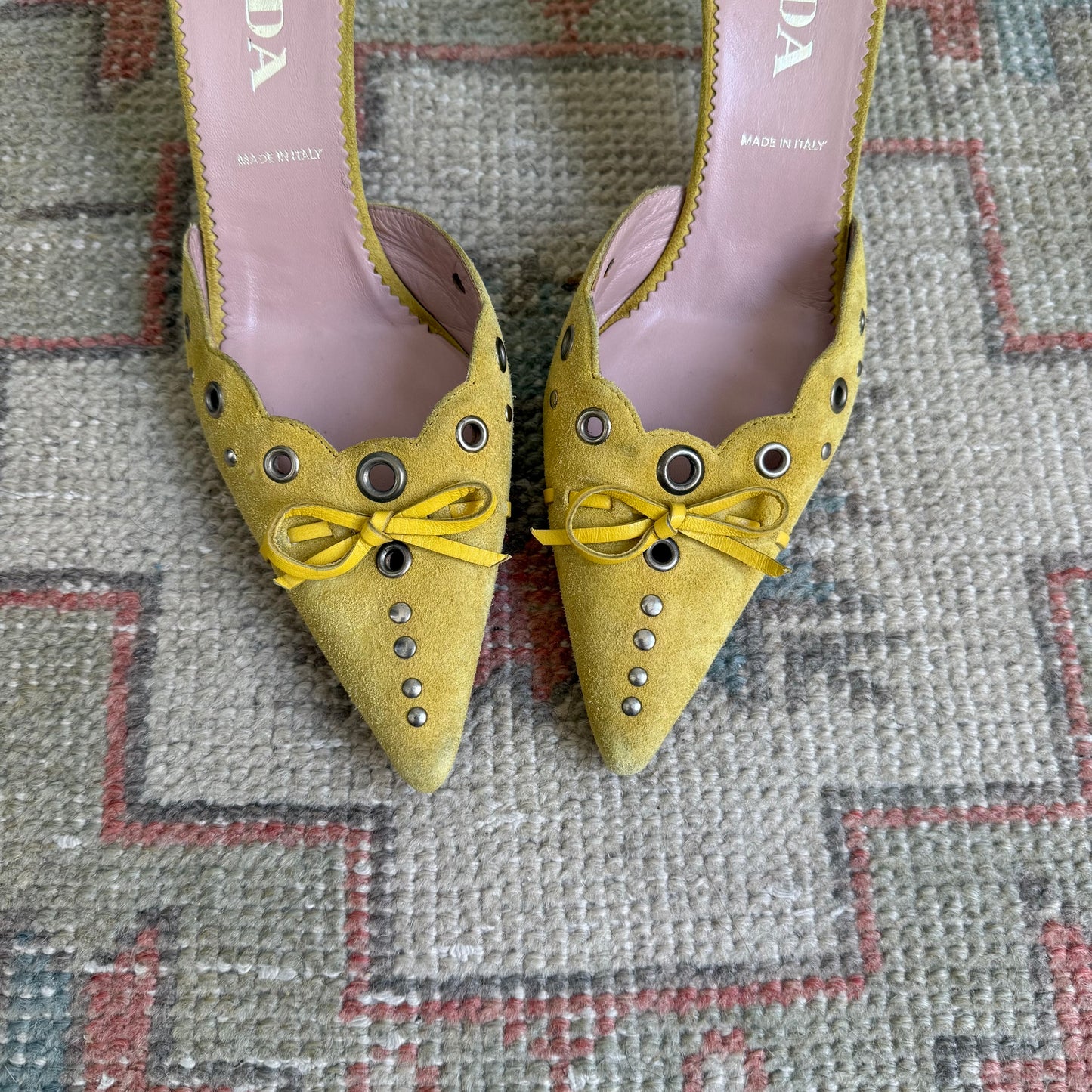 S/S2002 Prada Yellow Suede Grommet Mules - US 6.5
