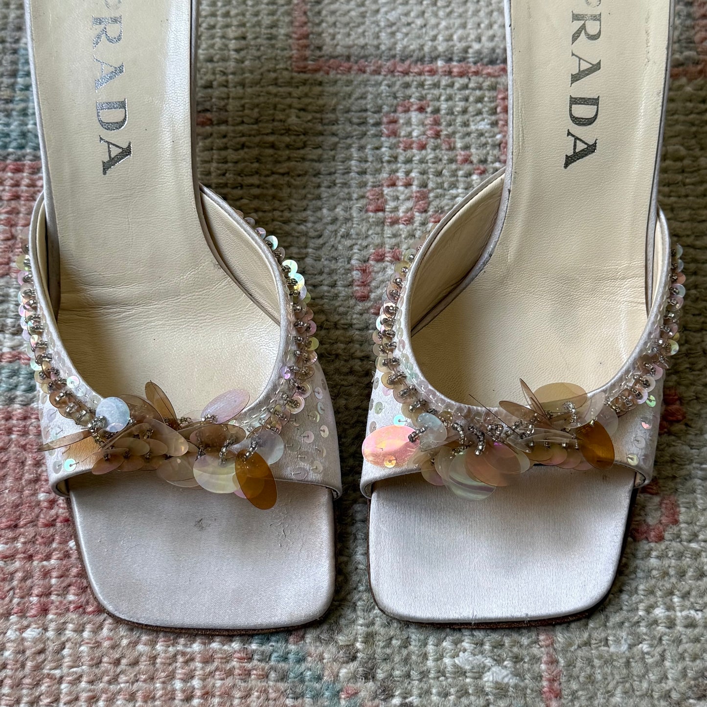 Spring 1999 Prada Silk Satin Sequin Mules - US 7.5