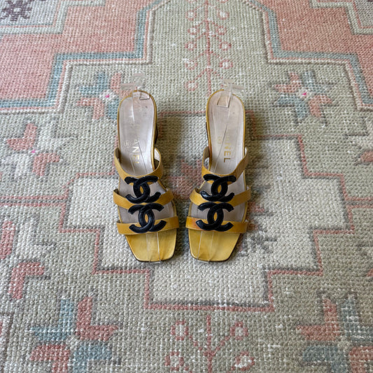 Spring 1995 Chanel Yellow Logo Sandals - US 6.5