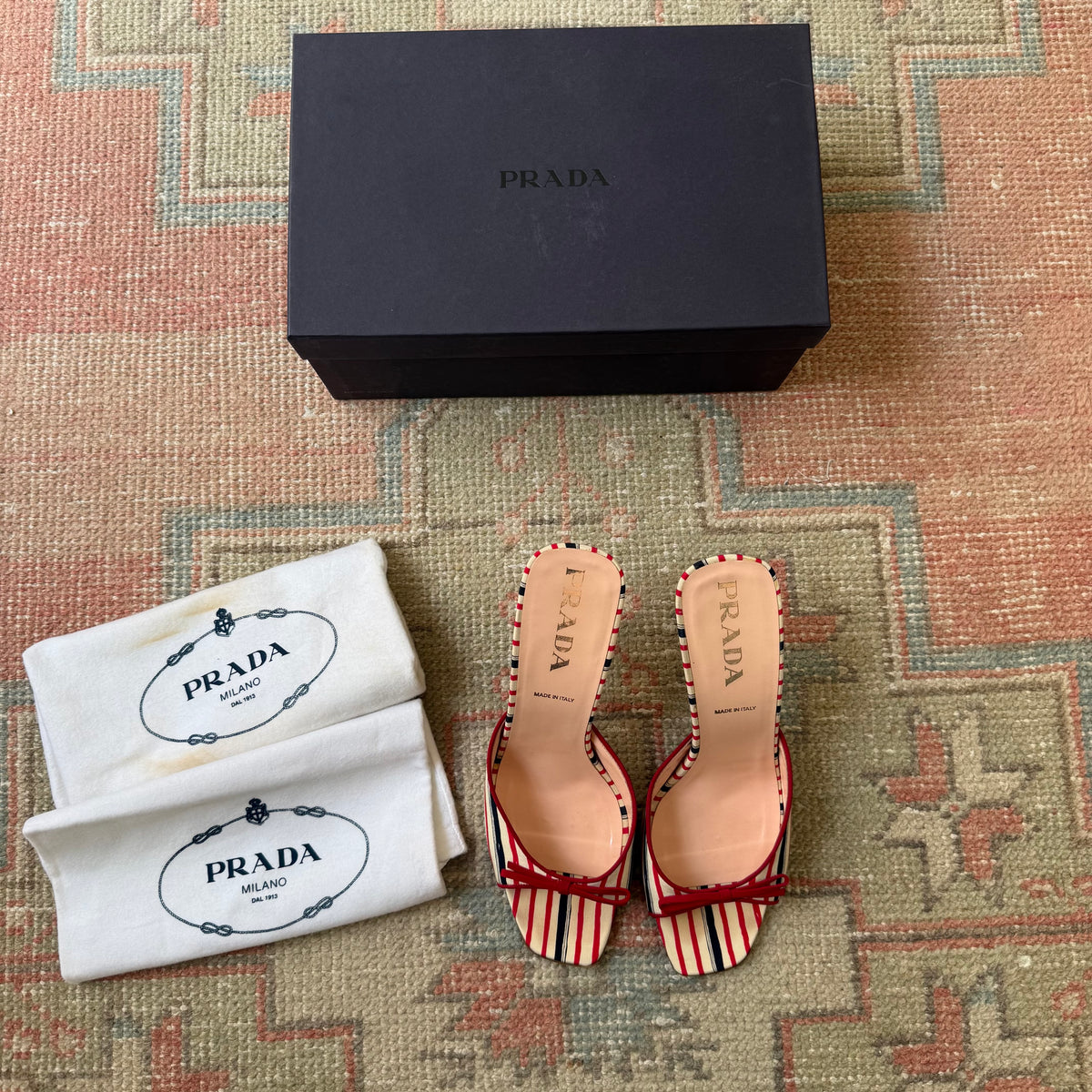 Prada Silk Striped Bow Mules - US 9.5