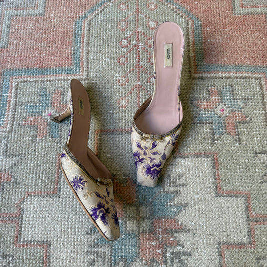 00s Prada Purple and Champagne Jacquard Lizard Mules - US 7.5