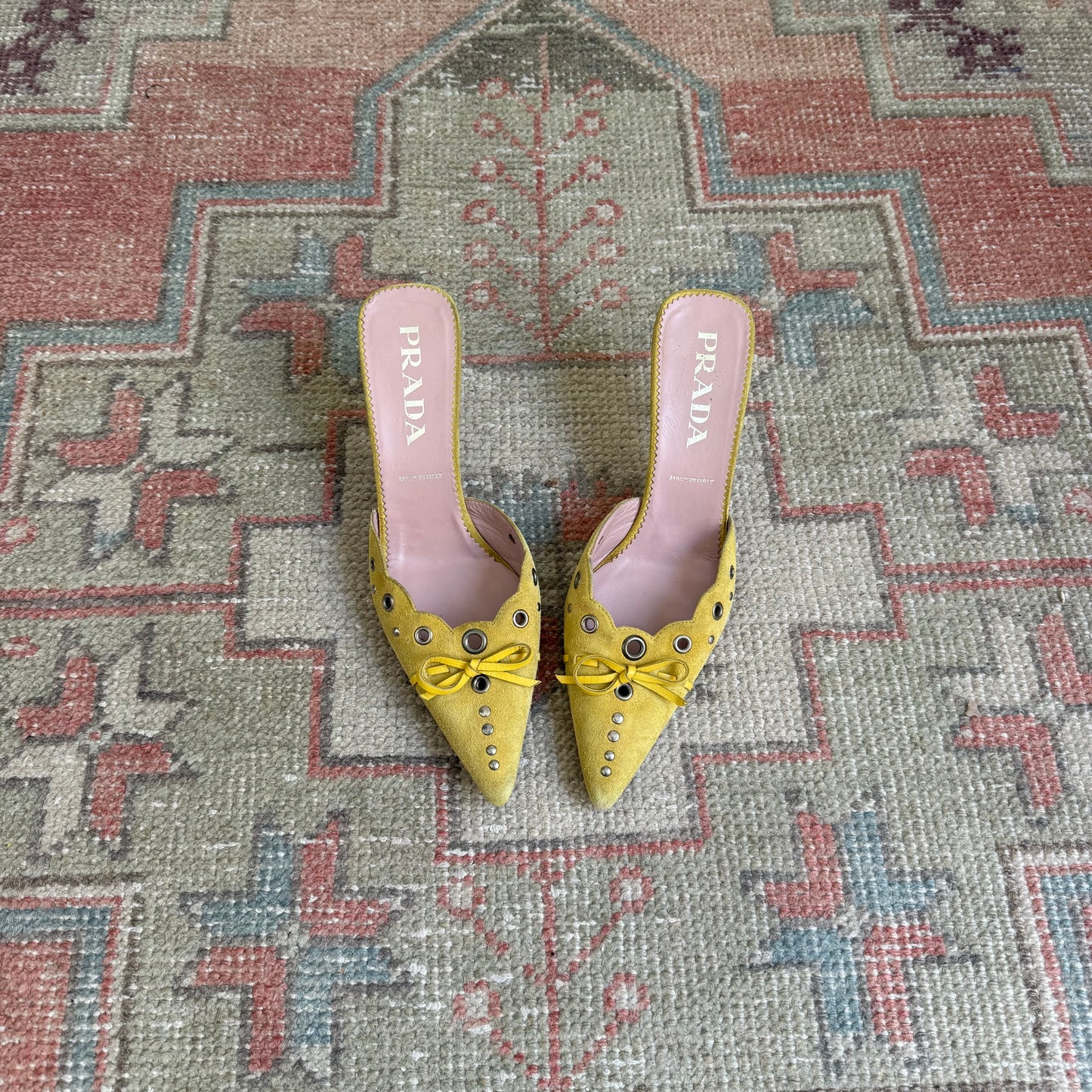 S/S2002 Prada Yellow Suede Grommet Mules - US 6.5