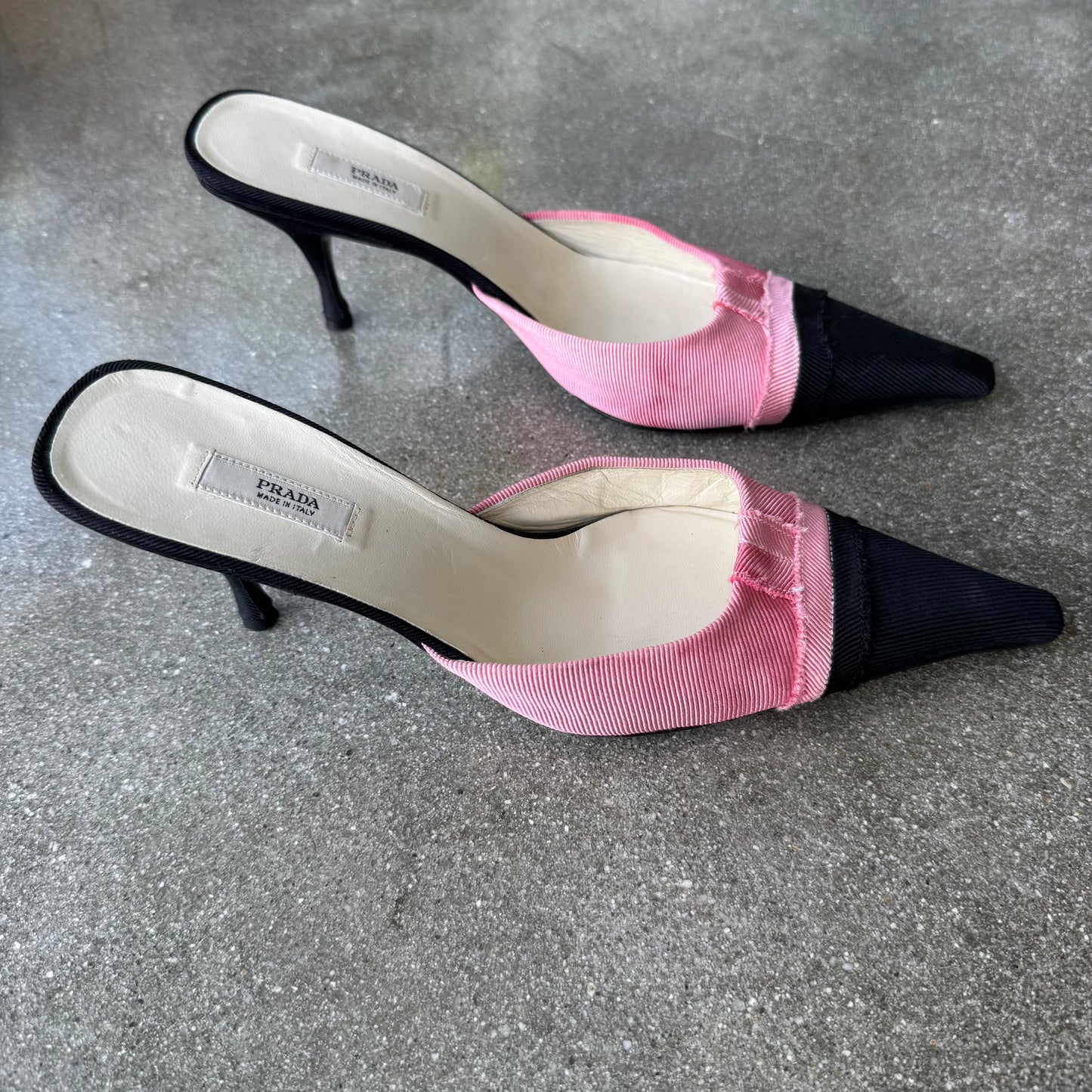 00s Prada Silk Black and White Grosgrain Mules - US 7