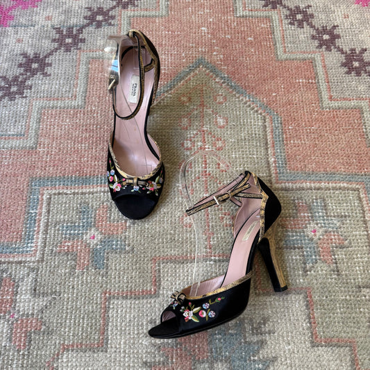 Y2K Prada Silk Satin Floral Peep Toe Heels - US 7