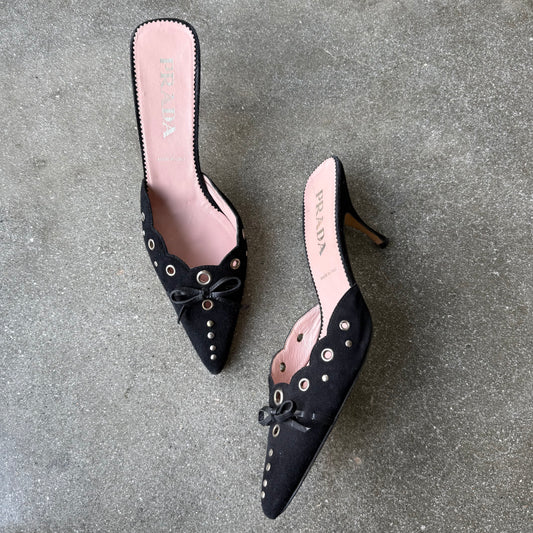 S/S2002 Prada Black Suede Grommet Mules - US 8