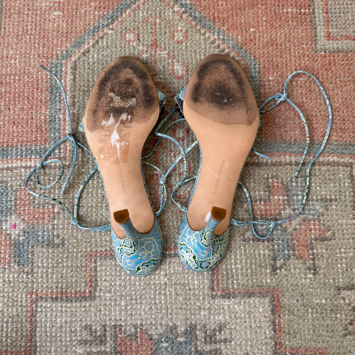 Y2K Manolo Blahnik Turquoise Paisley Sandals - US 8
