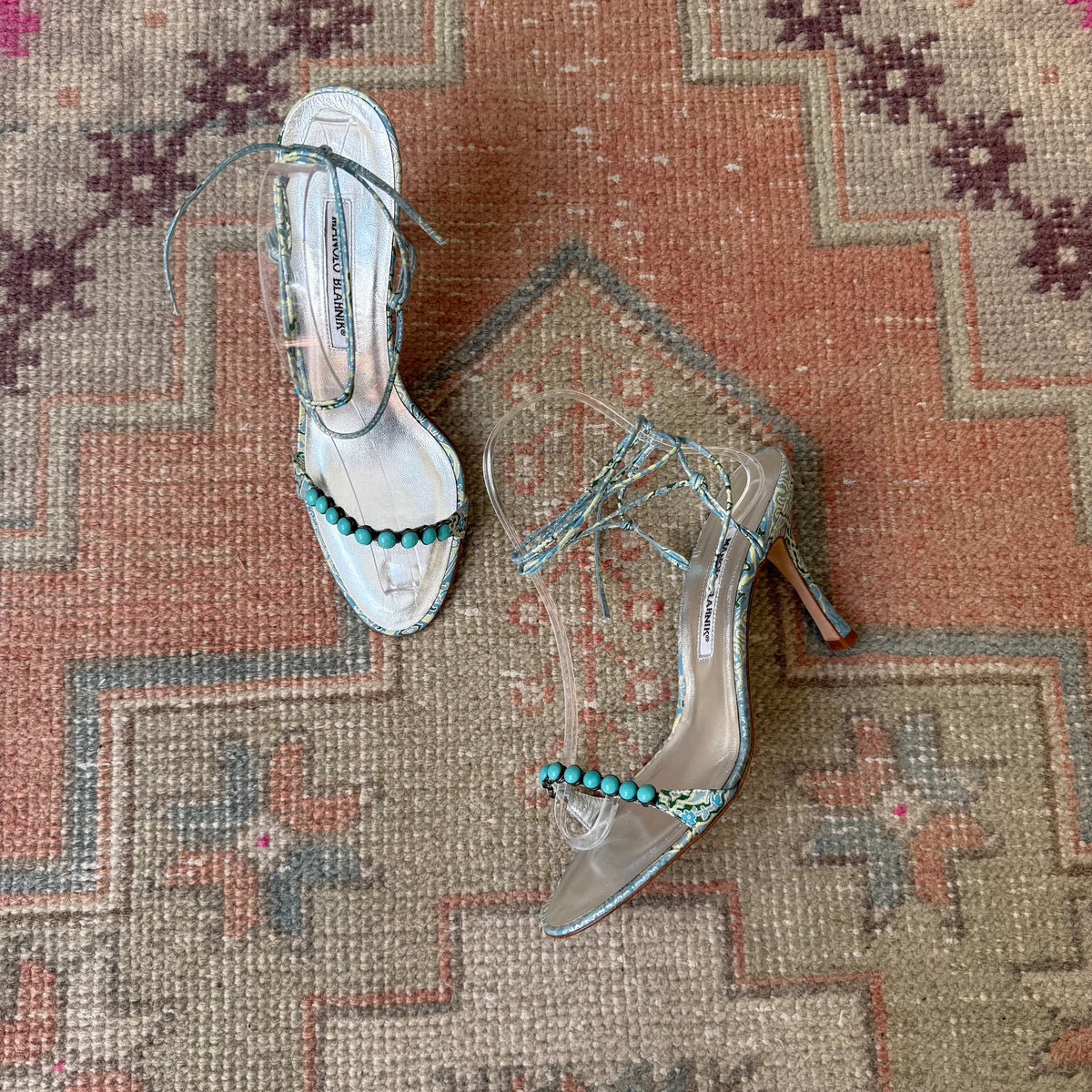 Y2K Manolo Blahnik Turquoise Paisley Sandals - US 8