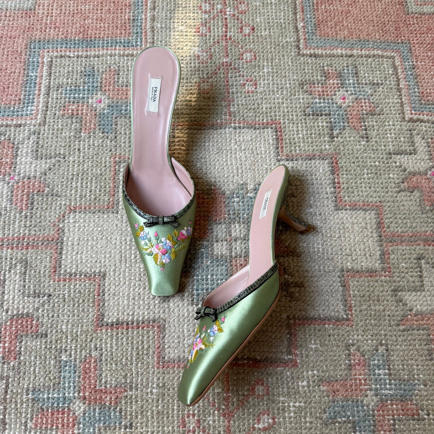 Y2K Prada Silk Satin Floral Lizard Mules - US 8