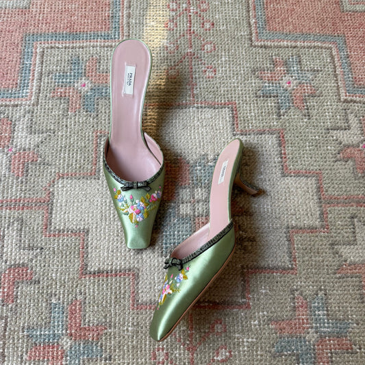 Y2K Prada Silk Satin Floral Mules - US 8