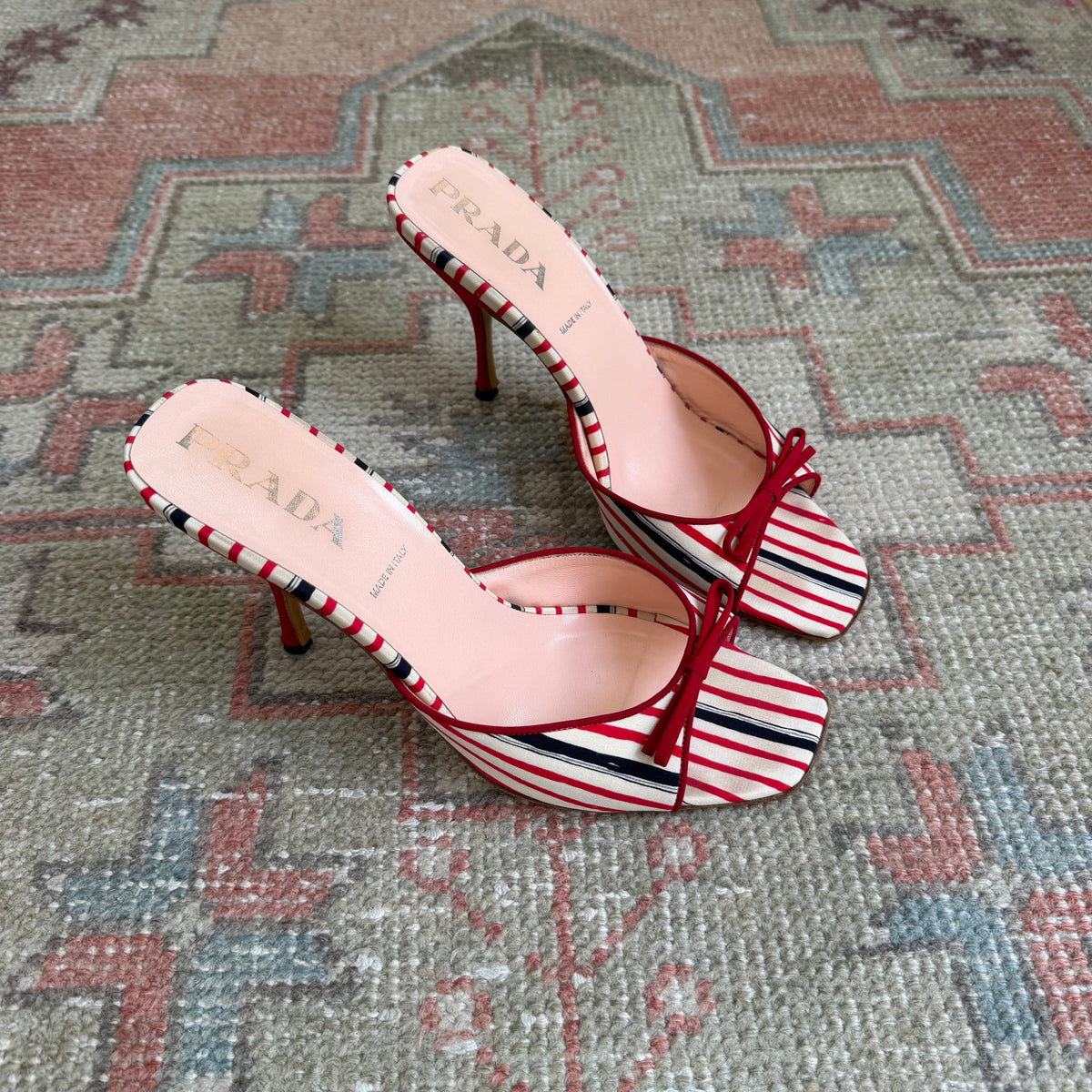 Prada Silk Striped Bow Mules - US 9.5