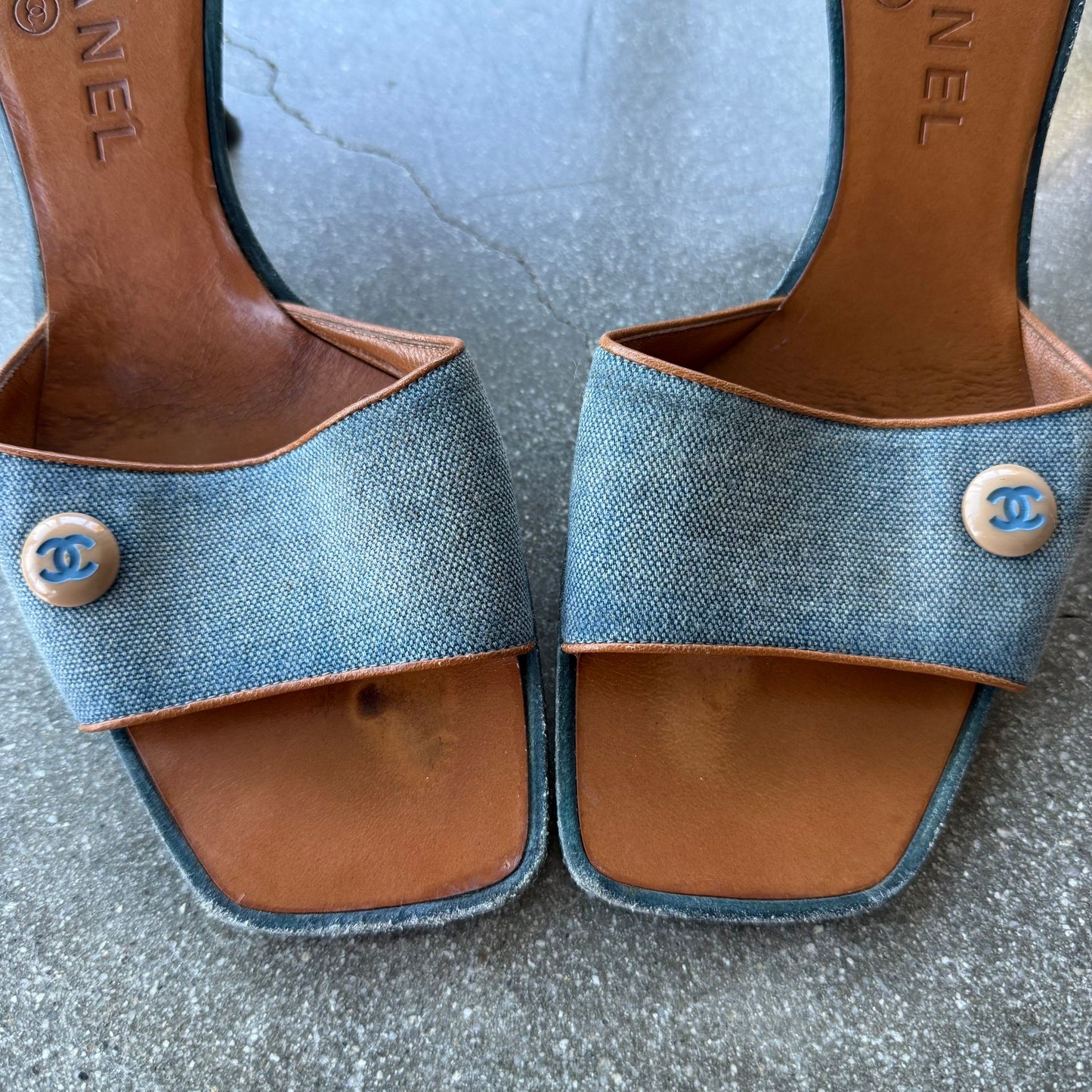 Early 00s Chanel Blue Canvas & Leather Mules - US 8