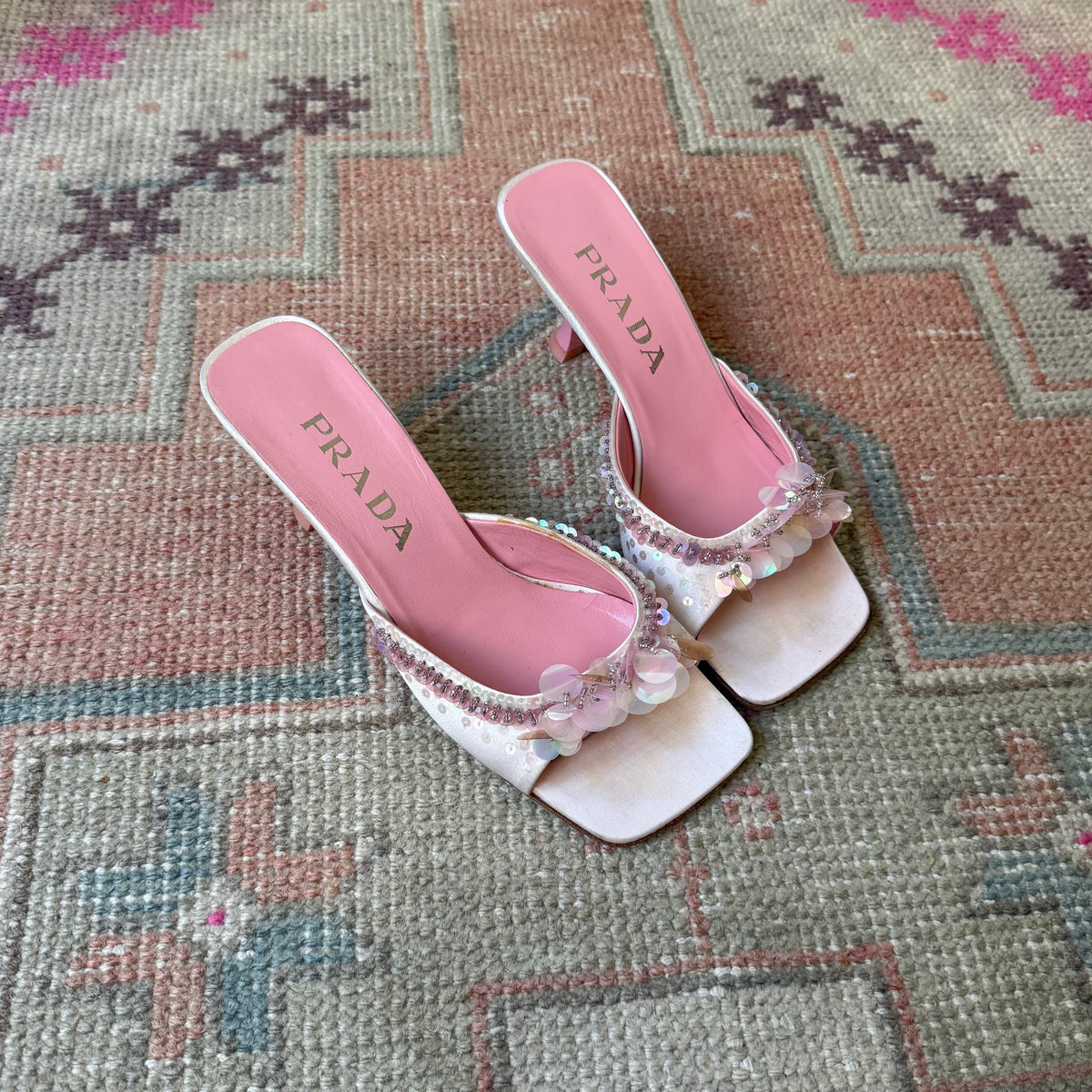 S/S1999 Prada Pink Satin Sequined Mules - US 7.5