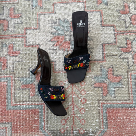 00s Fendi Denim Beaded Mules - US 8