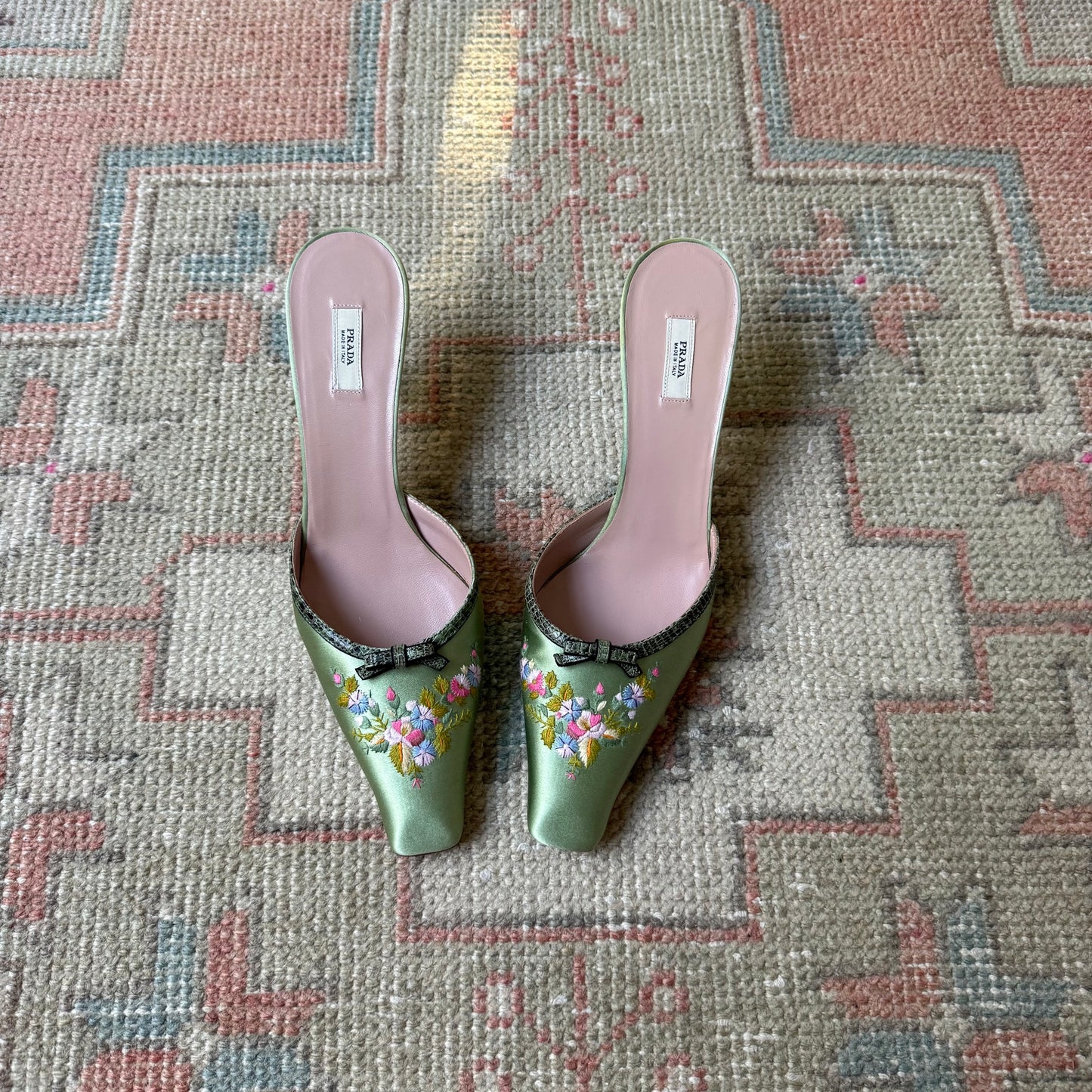 Y2K Prada Silk Satin Floral Lizard Mules - US 8