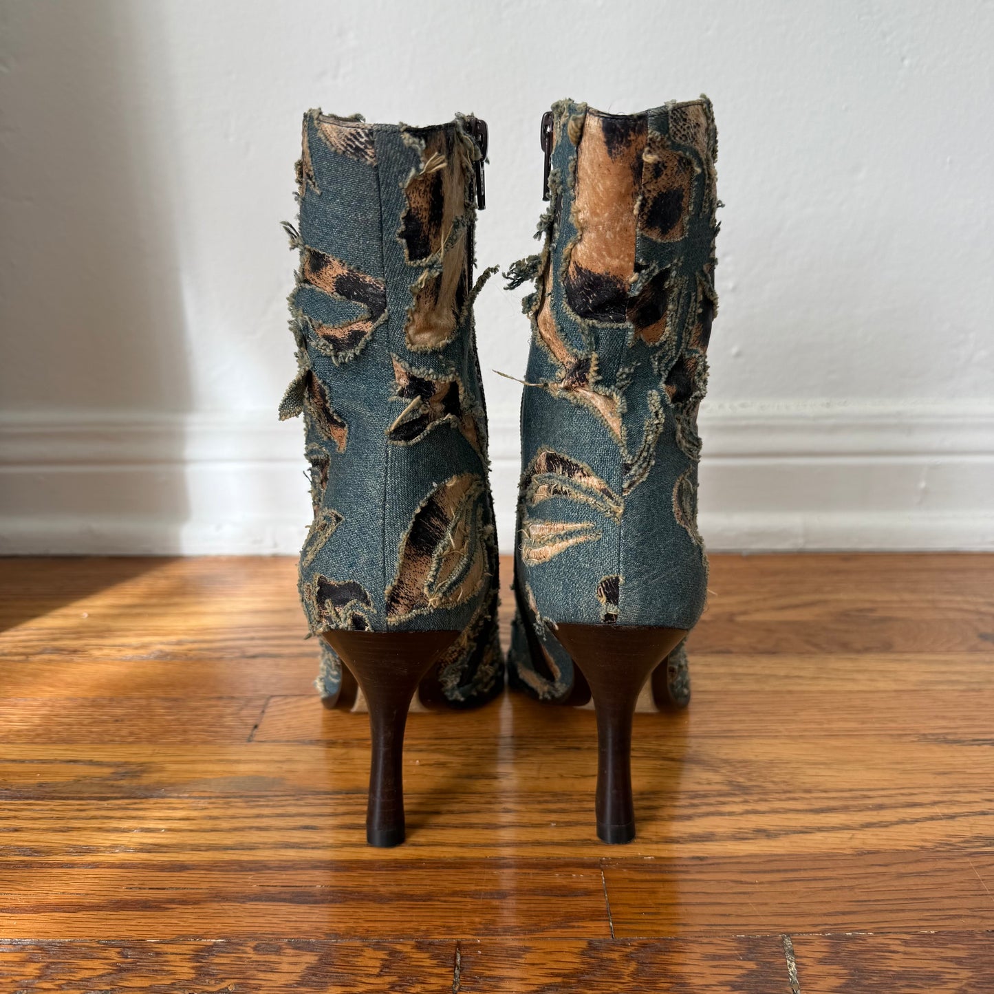S/S2002 Roberto Cavalli Denim + Leopard Laser Cut Boots - US 7