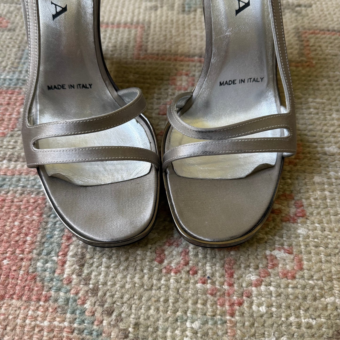 S/S1998 Prada Silver Satin Lucite Wedges - US 7