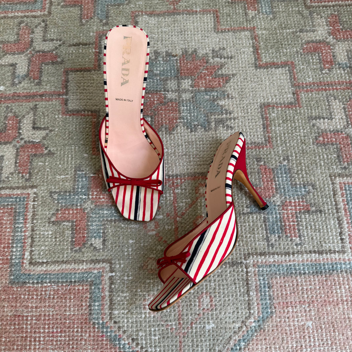 Prada Silk Striped Bow Mules - US 9.5