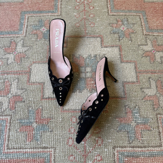 S/S2002 Prada Black Grommet Mules - US 8.5