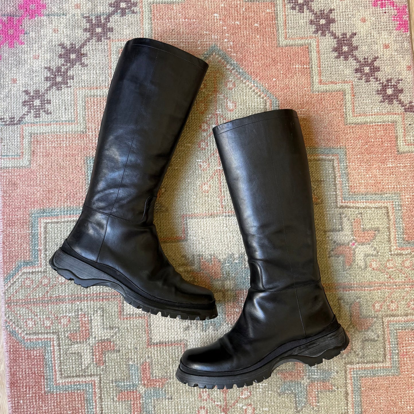 F/W2002 Prada Black Lug Sole Leather Boots - US 10.5