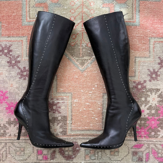 S/S2004 Galliano Dior Black Studded Leather Boots - US 7