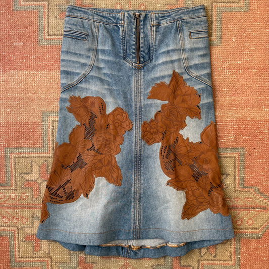 F/W2003 Roberto Cavalli Leather + Denim Skirt