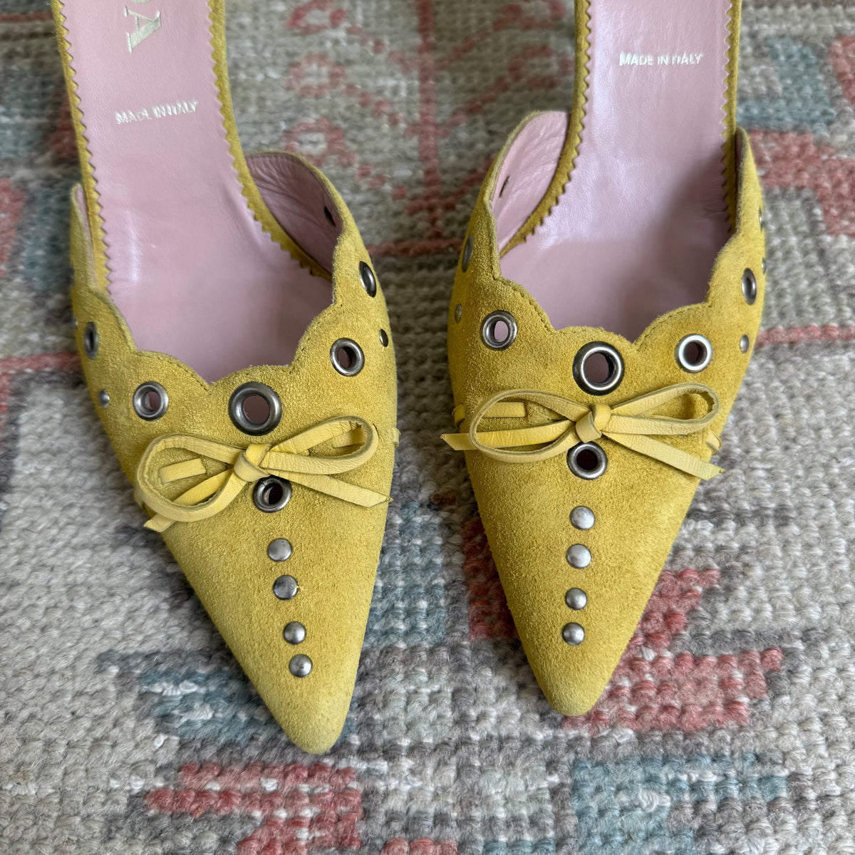S/S2002 Prada Yellow Suede Grommet Mules - US 6.5