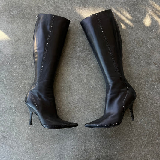 S/S2004 Galliano Dior Black Studded Leather Boots - US 7