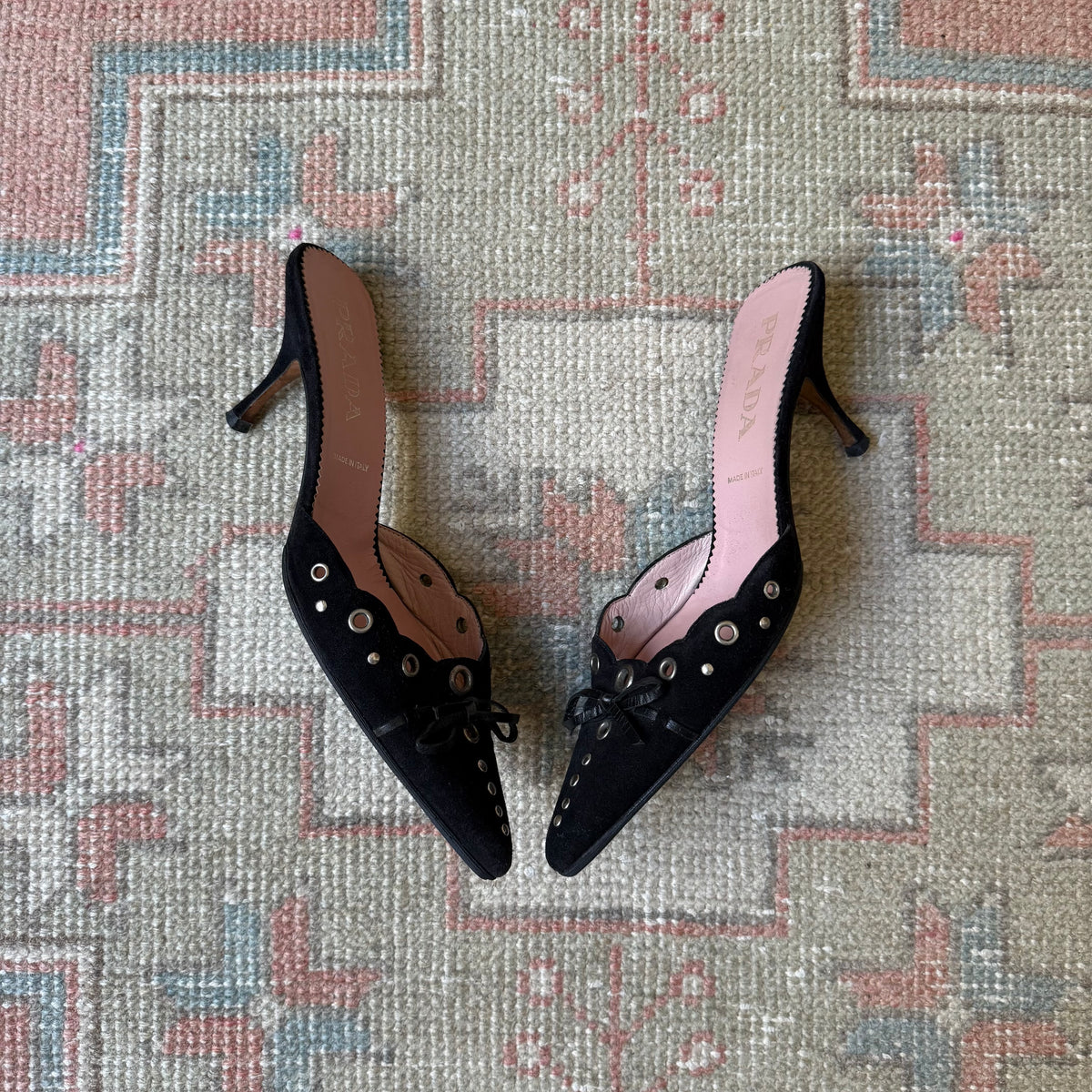 S/S2002 Prada Black Suede Grommet Mules - US 7-7.5
