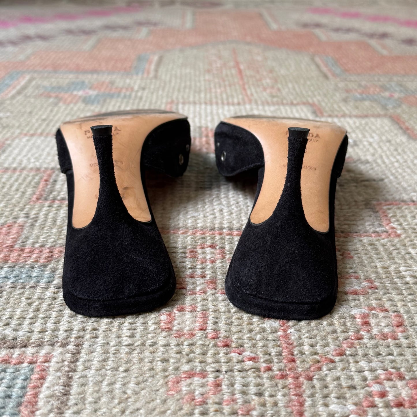 S/S2002 Prada Black Suede Grommet Mules - US 7.5