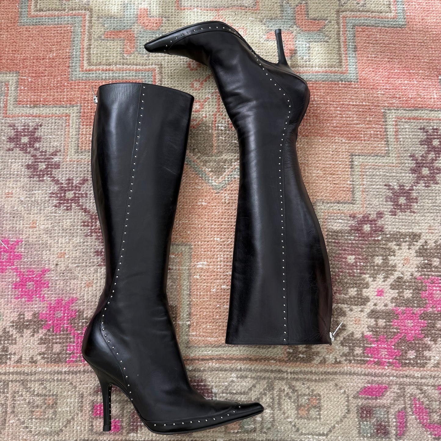 S/S2004 Galliano Dior Black Studded Leather Boots - US 7