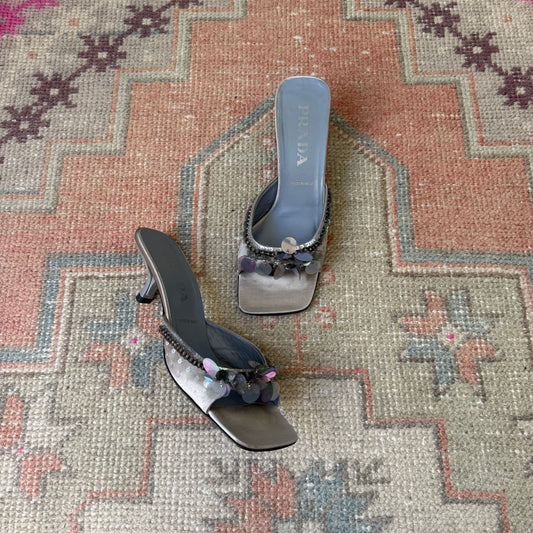S/S1999 Prada Silver Sequined Mules - US 7.5