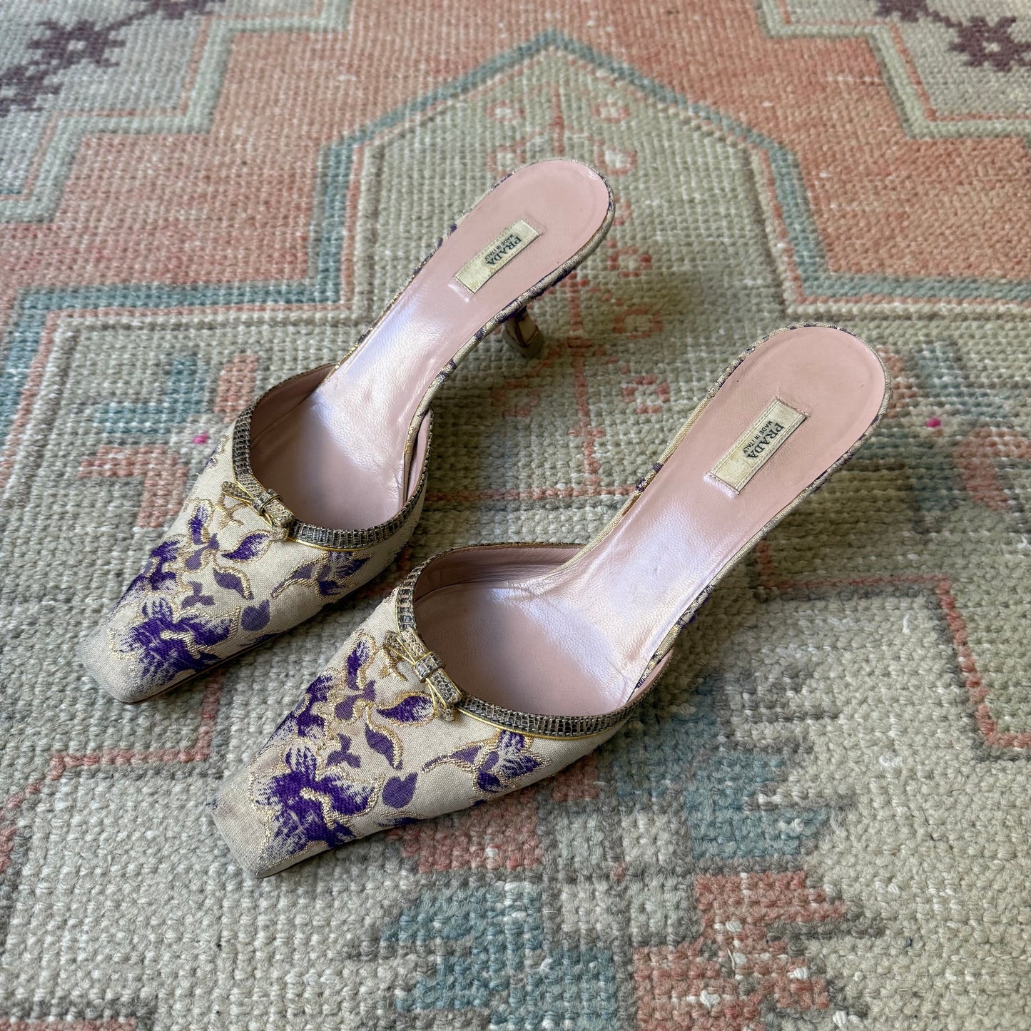 00s Prada Purple and Champagne Jacquard Lizard Mules - US 7.5