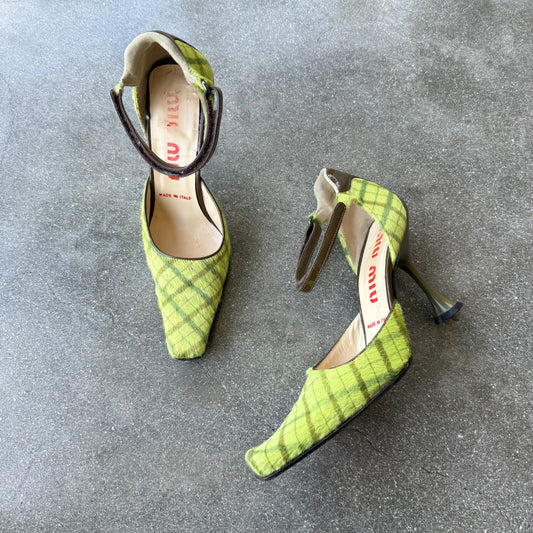 FW99 miu miu Ponyhair Tartan Mary Janes - US 6-6.5