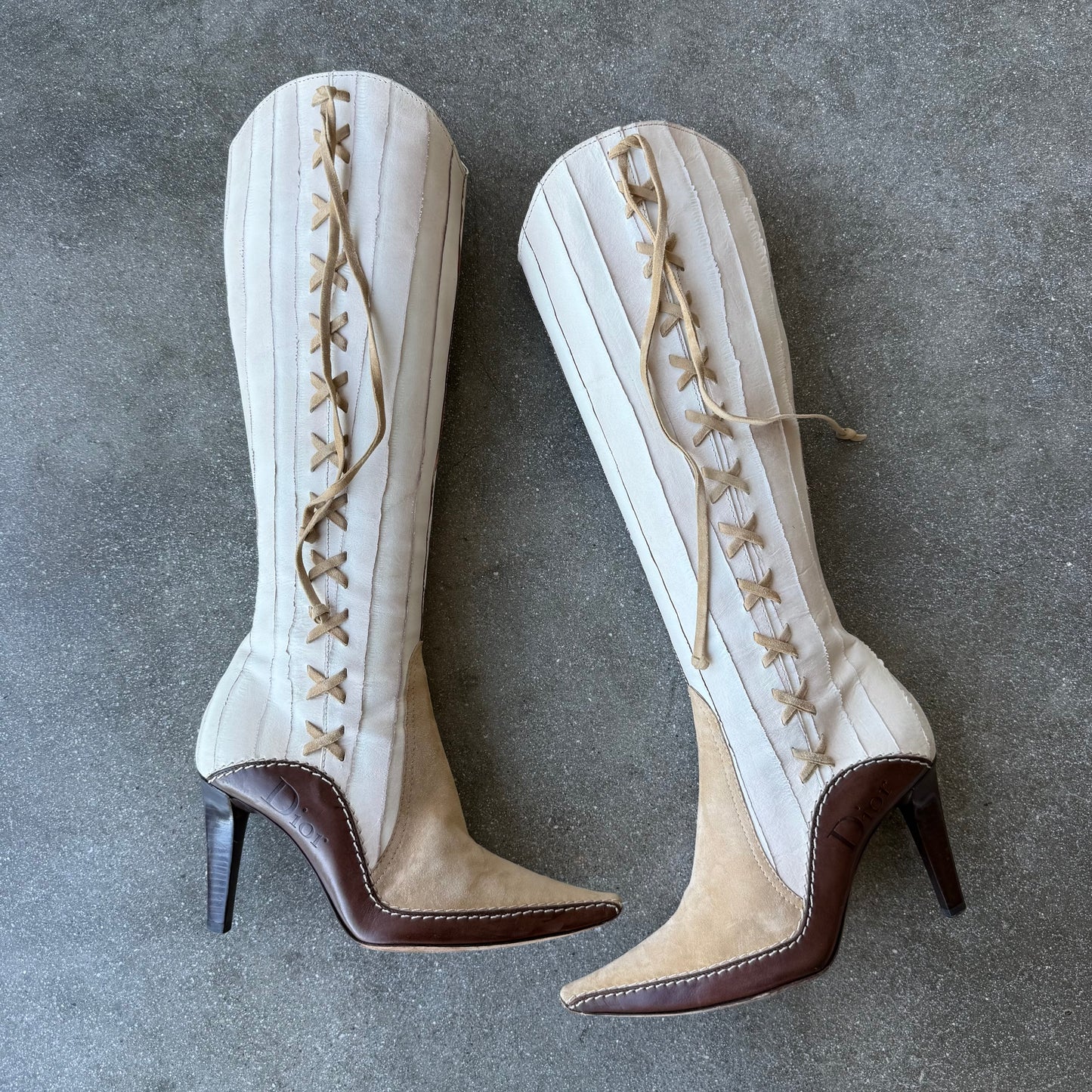 FW01 Galliano Dior Patchwork Leather + Suede Western Boots - US 6