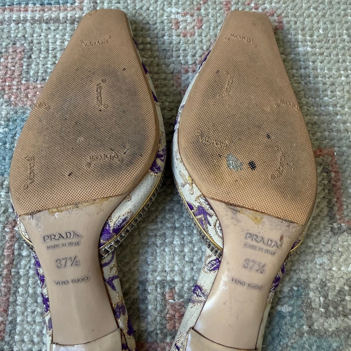 00s Prada Purple and Champagne Jacquard Lizard Mules - US 7.5