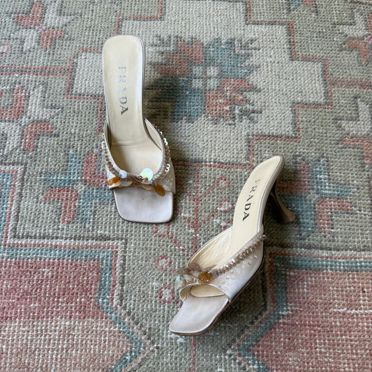 Spring 1999 Prada Silk Satin Sequin Mules - US 7.5