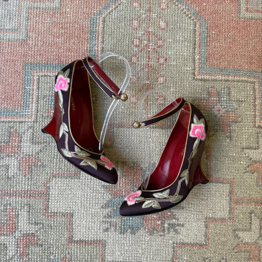 F/W2004 Tom Ford Yves Saint Laurent Silk Floral Wedges - US 7-7.5