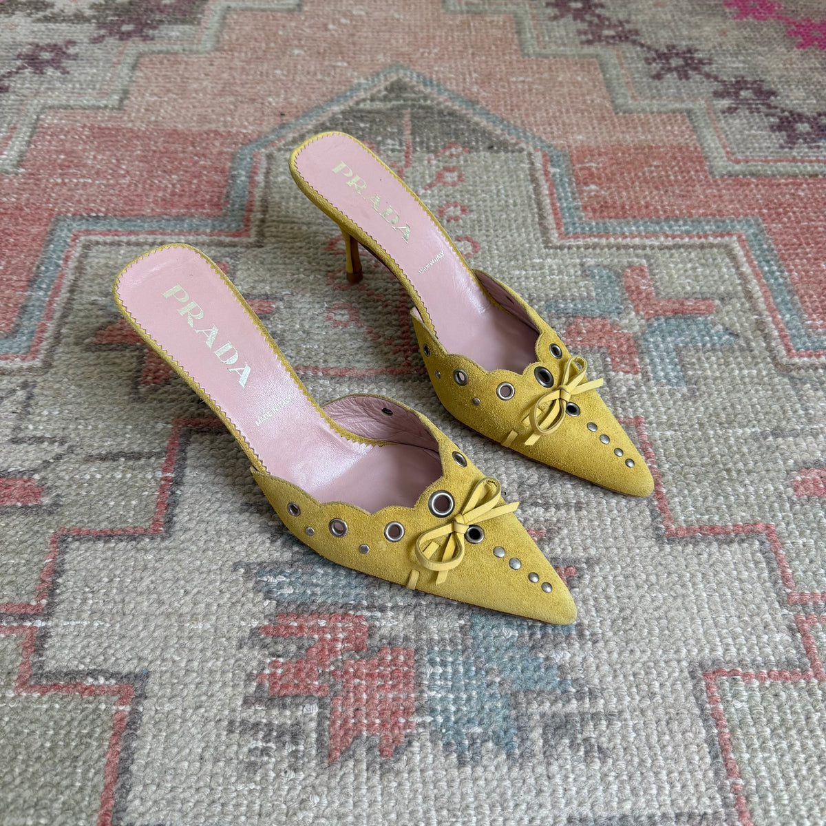 S/S2002 Prada Yellow Suede Grommet Mules - US 6.5