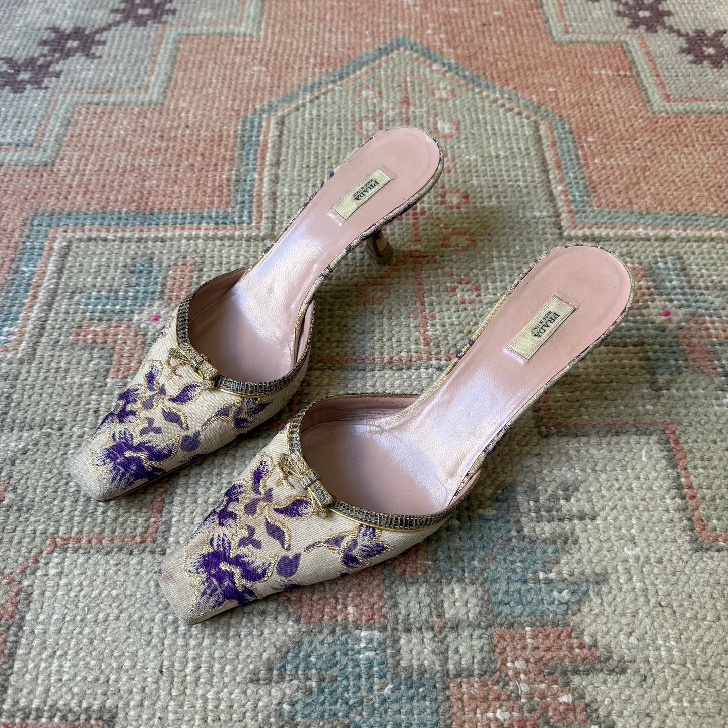 00s Prada Purple and Champagne Jacquard Lizard Mules - US 7.5