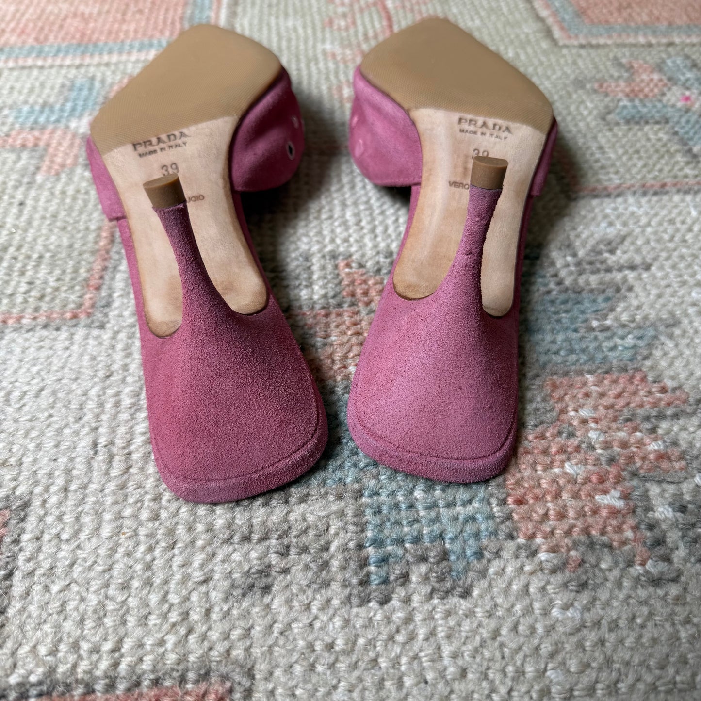 S/S2002 Prada Pink Suede Grommet Mules - US 8.5